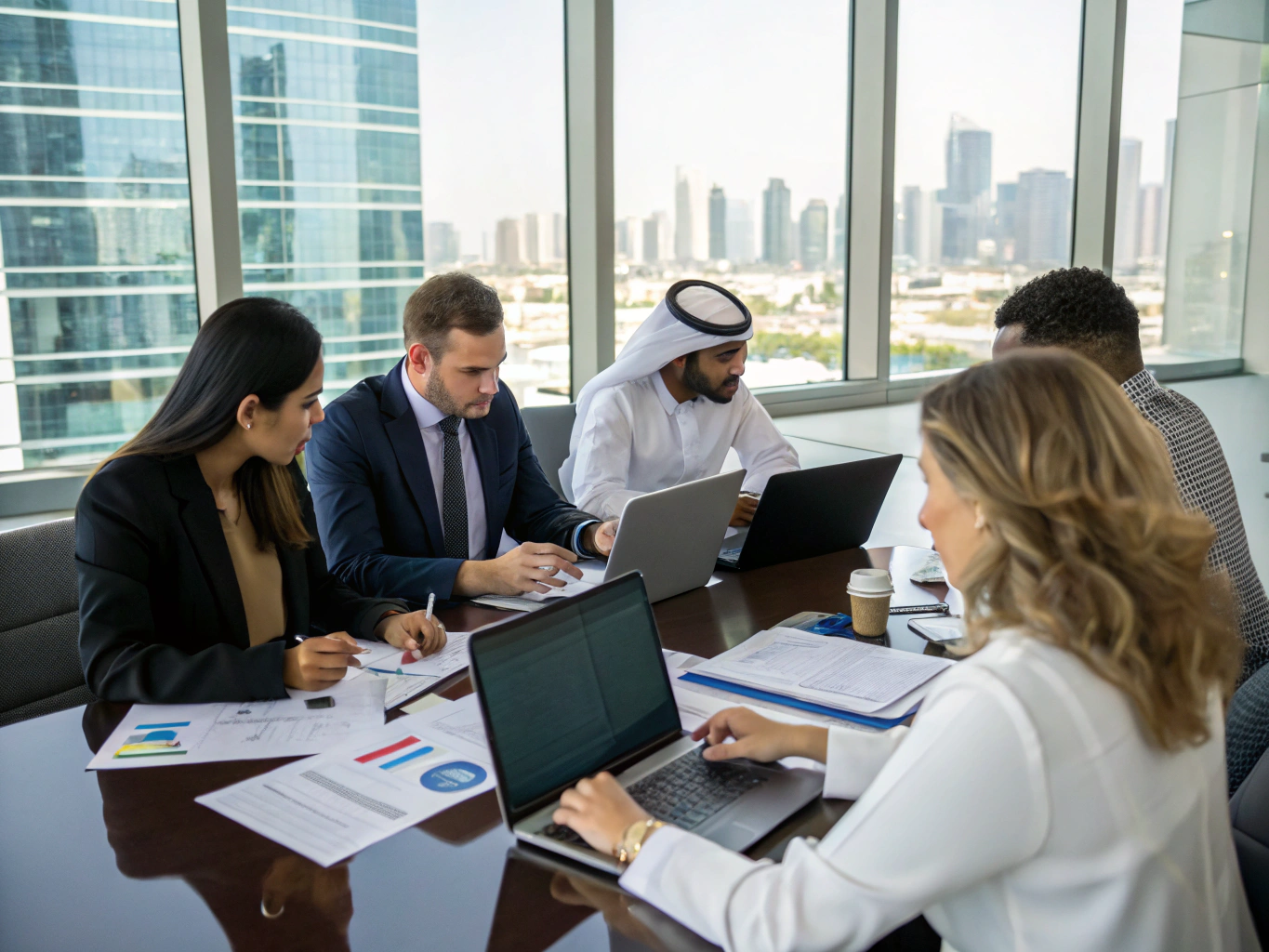 International commercial partners reviewing agricultural chemical documentation and specifications