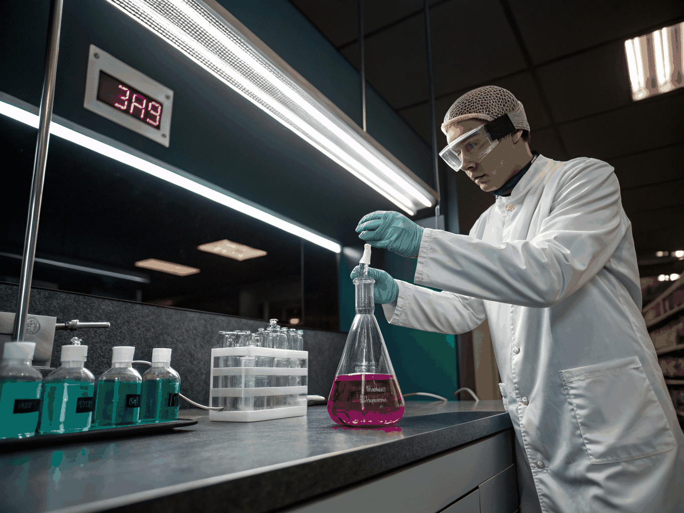 Quality control chemist conducting analytical titration in certified testing laboratory