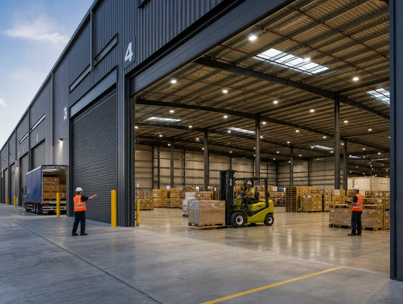 Industrial shipping container logistics and bulk cargo warehouse facility