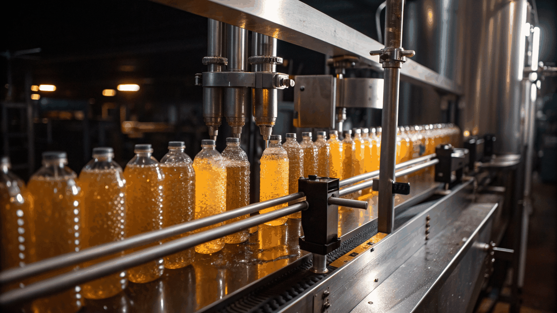 Automated bottle filling, sealing, and packaging production line in operation