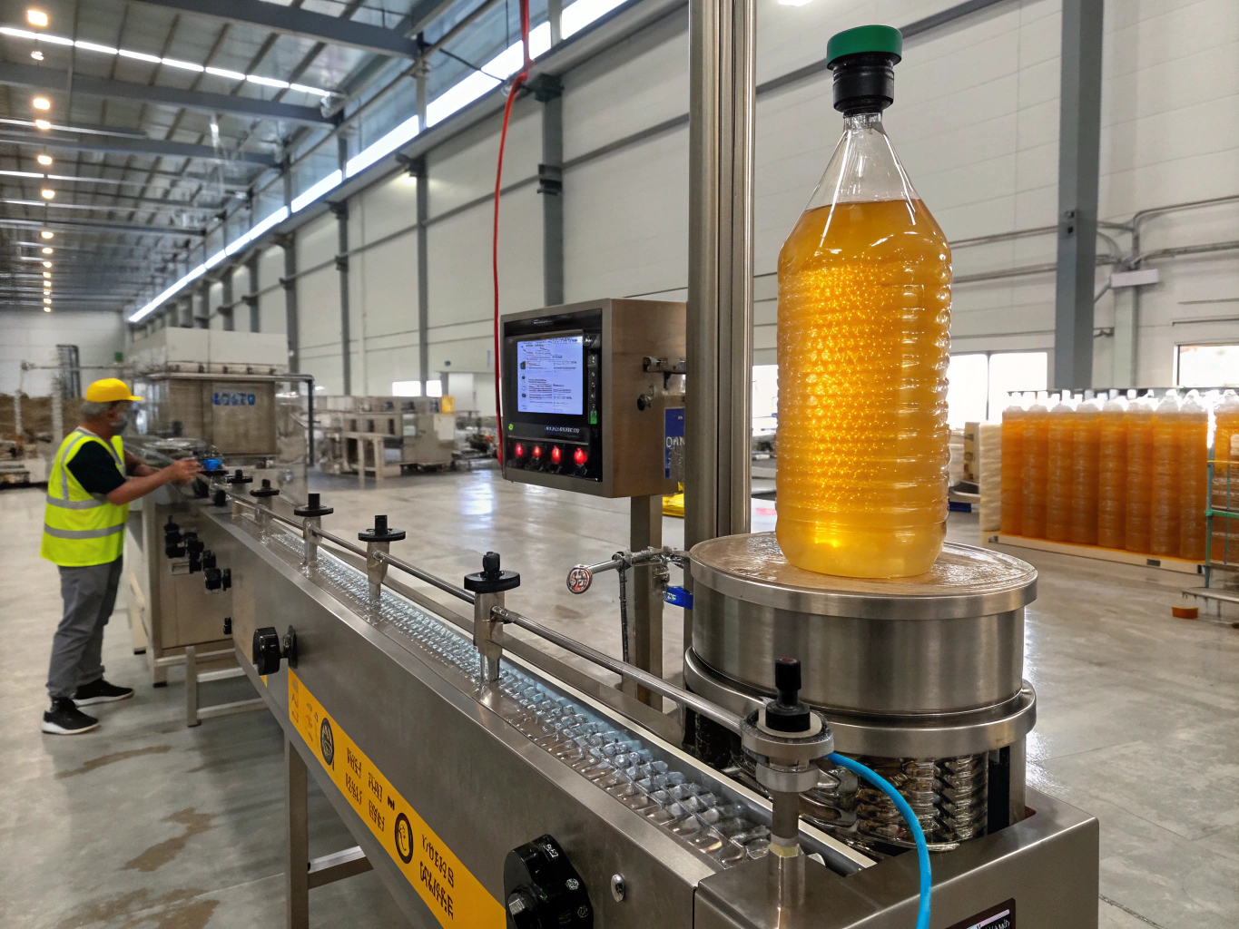 Automated chemical bottling, sealing, and labelling line in manufacturing facility